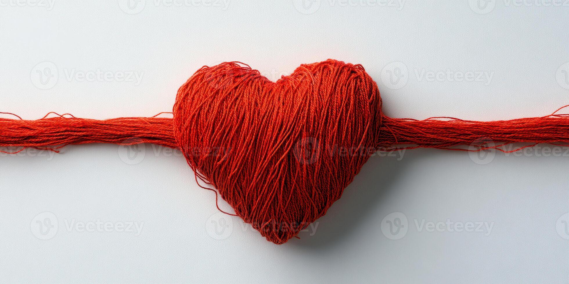 Red yarn heart symbolizing love and connection on a white surface photo