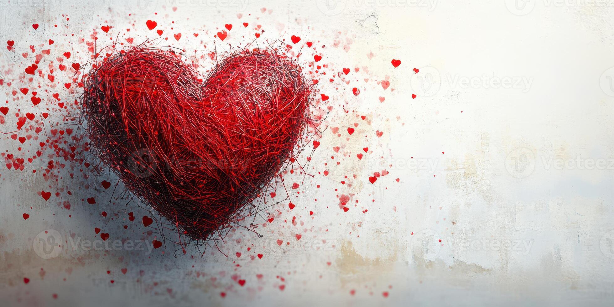 Heart made of twigs surrounded by scattered red hearts on a light background photo