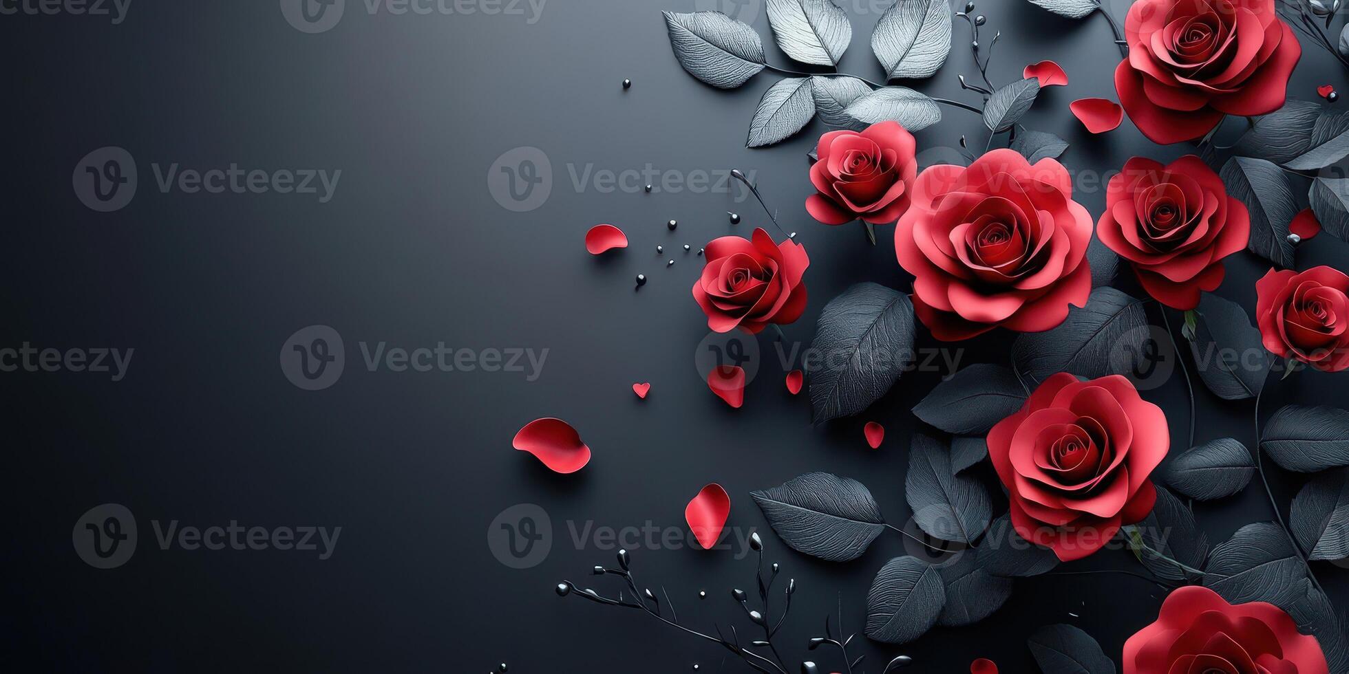 Elegant red roses on a dark background with hints of black foliage and scattered petals photo