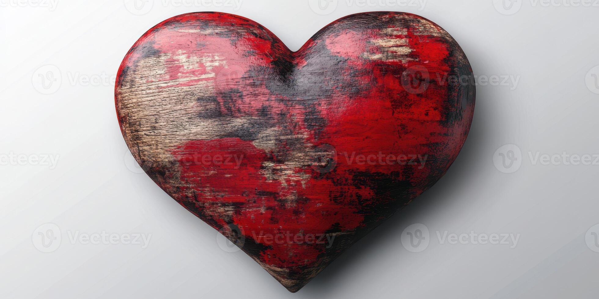 Wooden heart sculpture with vibrant red finish sitting on a neutral background photo