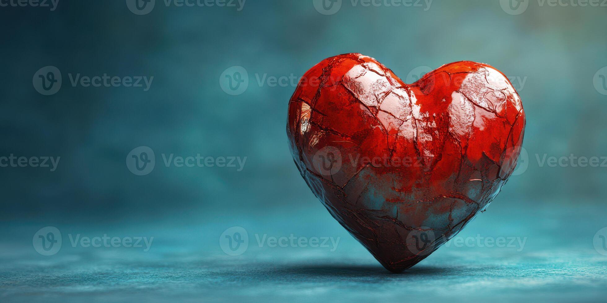Red cracked heart symbolizing love on a textured blue background, evoking emotions and artistic expression in a creative setting photo