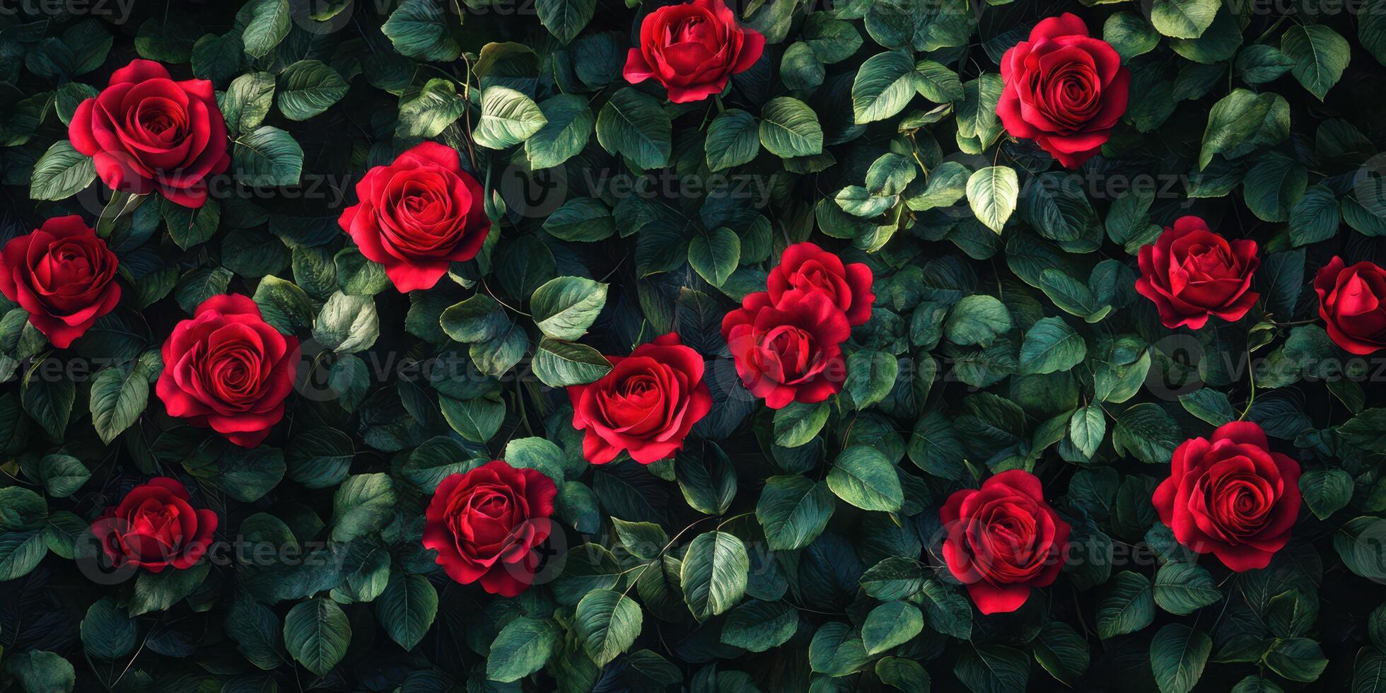 Vibrant red roses create a stunning floral display in a lush green garden setting during summer photo