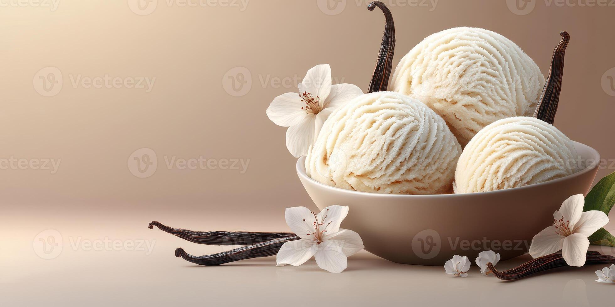 Delicate bowl of vanilla ice cream with flowers and vanilla pods showcases a serene dessert arrangement photo