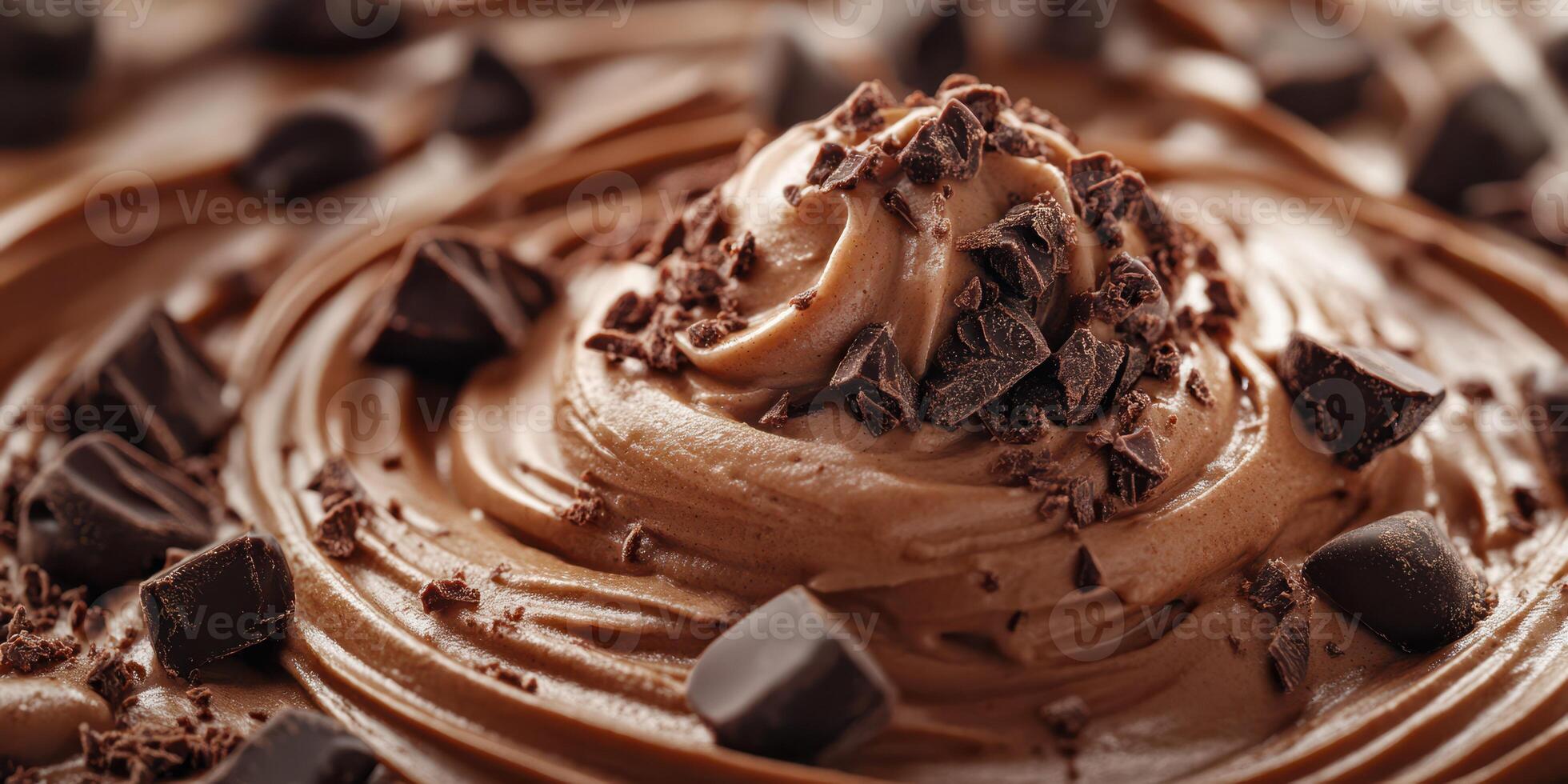 Decadent chocolate frosting topped with chocolate shavings and chunks for dessert decoration photo
