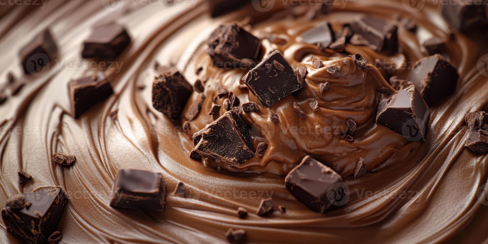 Rich chocolate mixture with chunks and shavings displayed on a smooth surface enticing dessert lovers everywhere photo