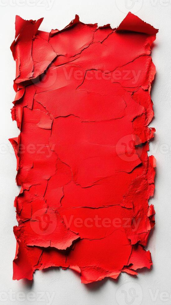 Vibrant red peeling paint reveals texture and layers in an artistic display of decay on a white surface photo