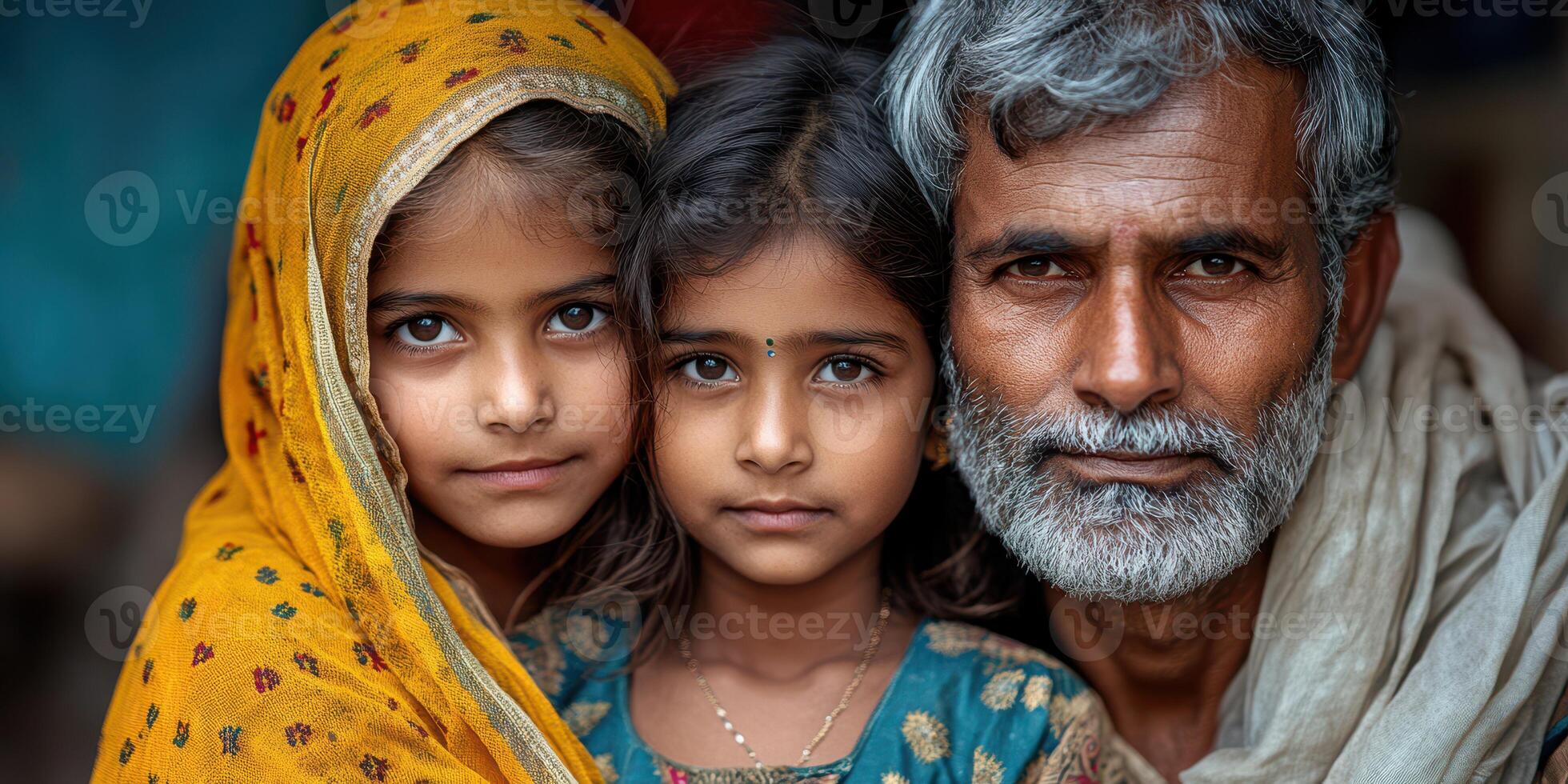 Portrait of a grandfather with two granddaughters dressed in traditional attire, showcasing family bonds in a vibrant setting photo