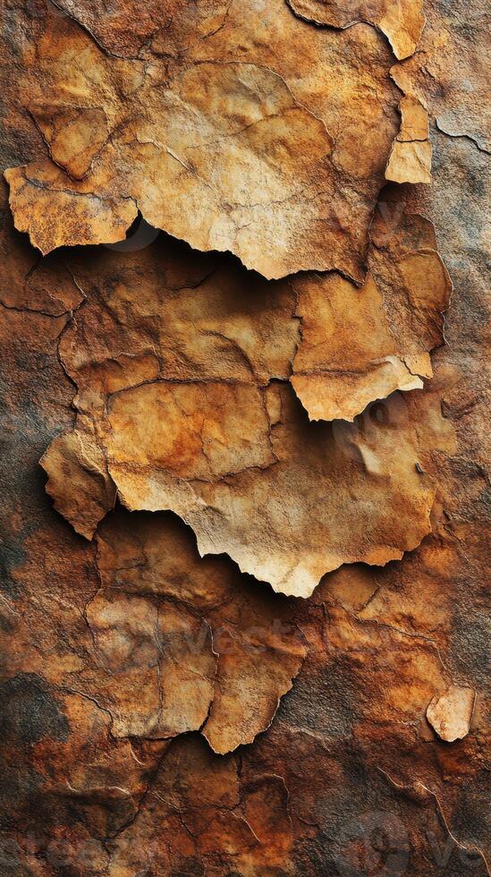 Textured layers of weathered paper create an artful composition with earthy tones against a mottled background photo