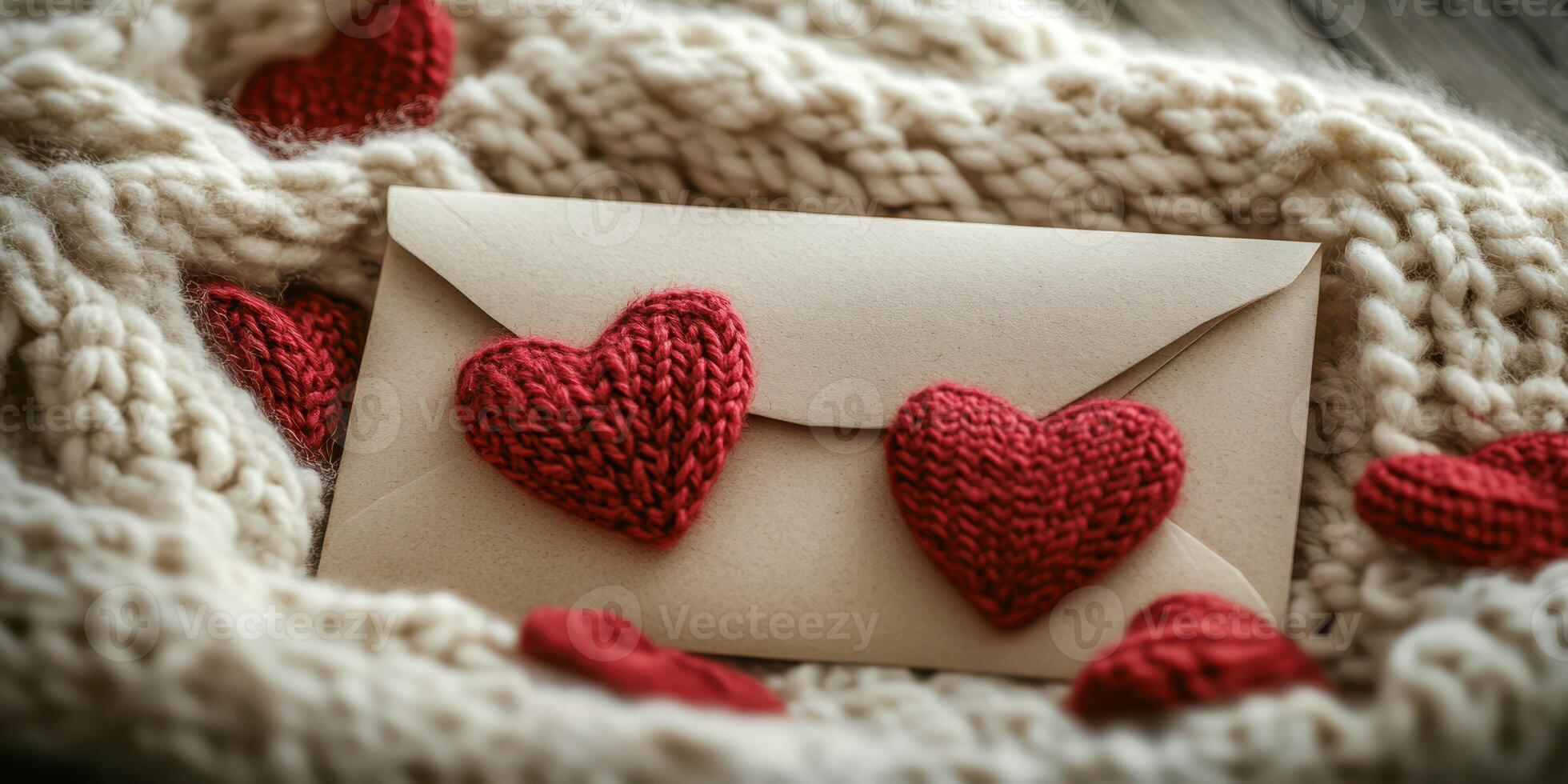 Handmade envelope surrounded by knitted hearts on a cozy knitted blanket in a warm, inviting setting photo