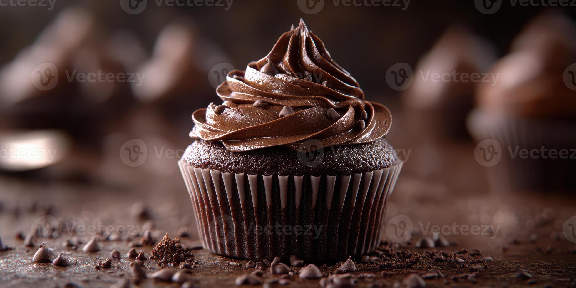 Delicious chocolate cupcake with creamy frosting and chocolate sprinkles displayed on a wooden surface photo