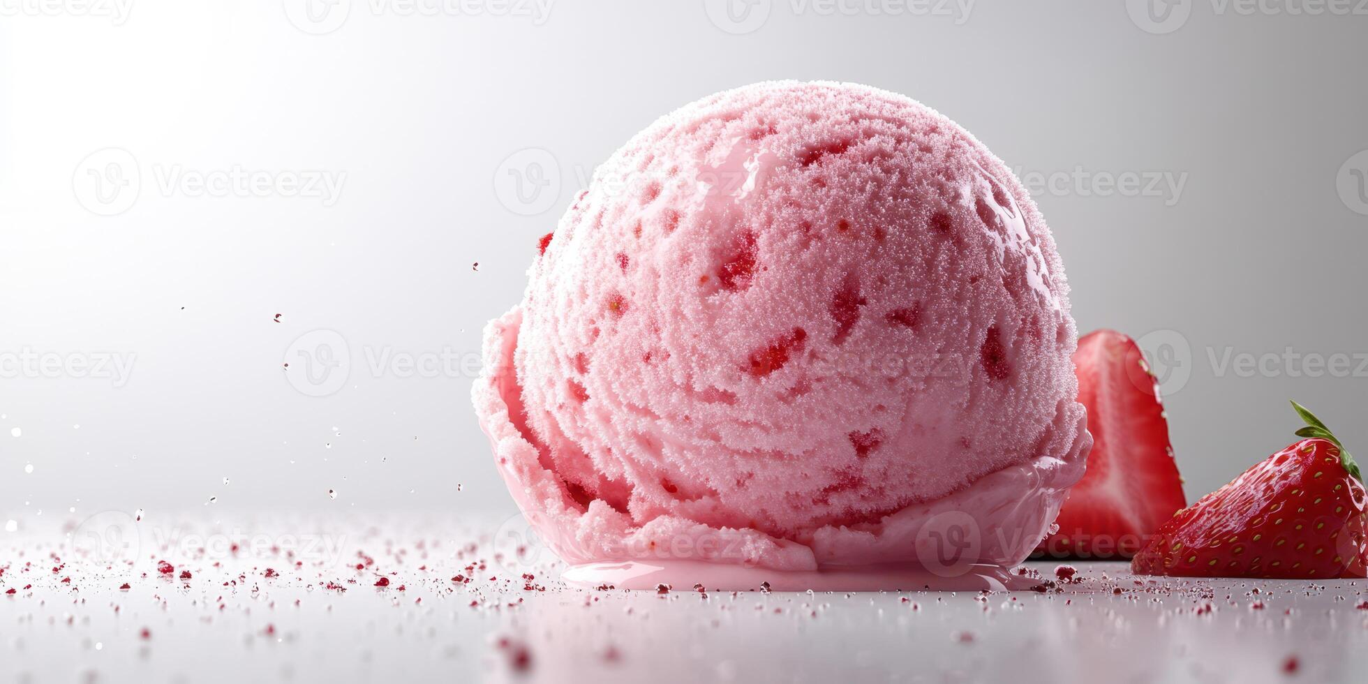 Strawberry ice cream scoop served with fresh strawberries in a bright modern kitchen setting photo