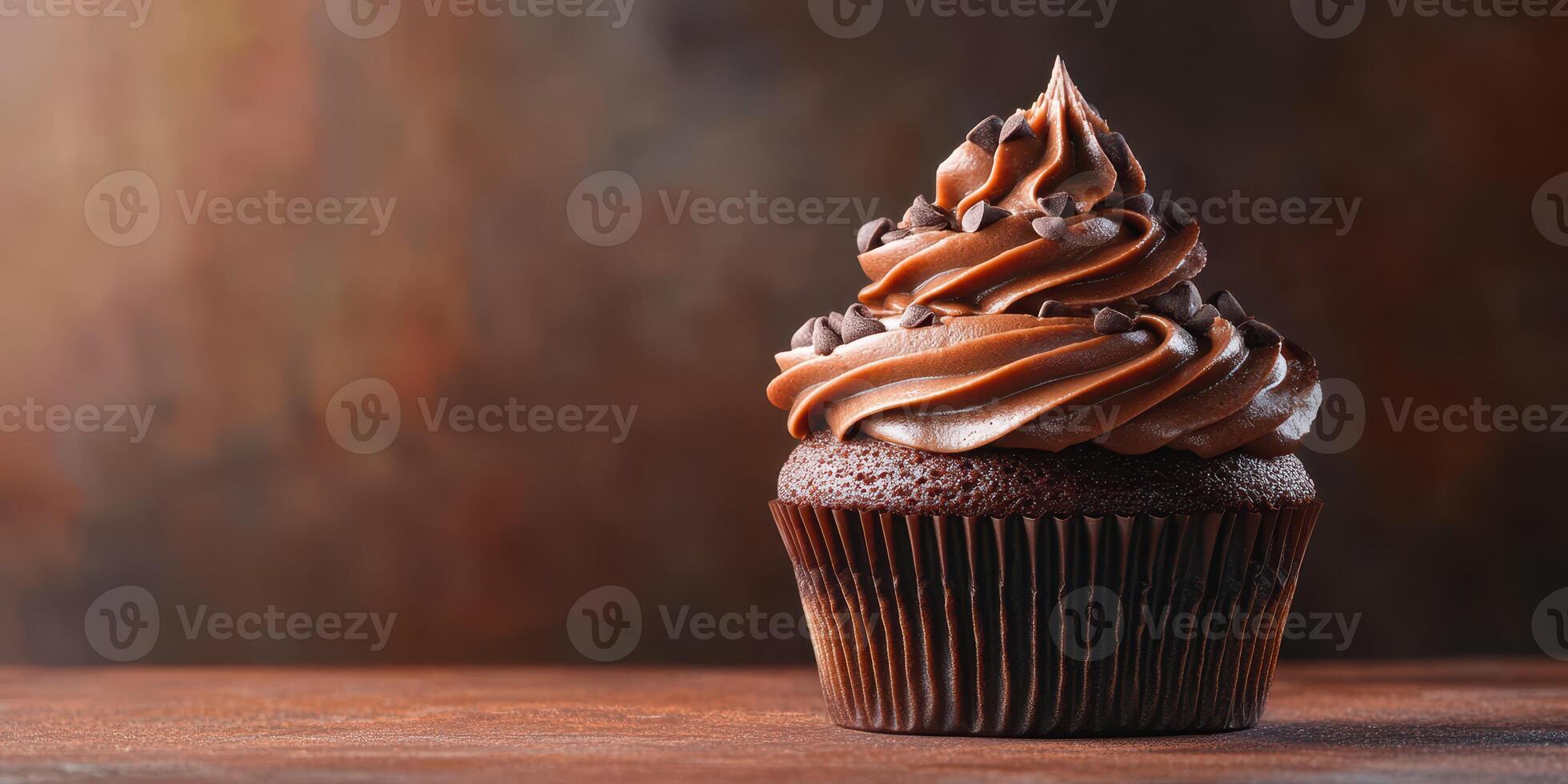 Delicious chocolate cupcake topped with creamy frosting and chocolate chips on rustic wooden table photo