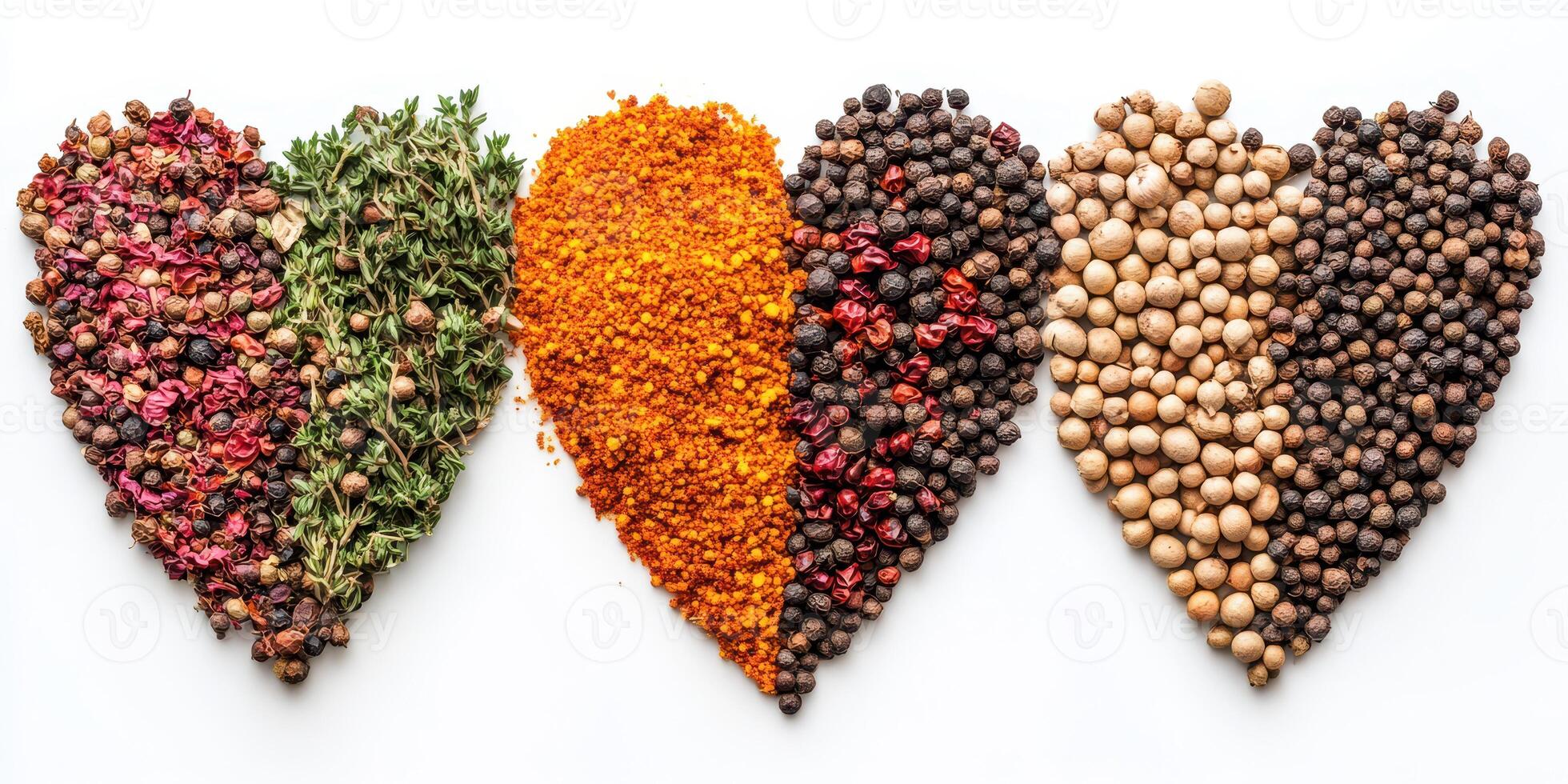 Colorful assortment of herbs and spices arranged in heart shapes on a white background to celebrate culinary creativity photo