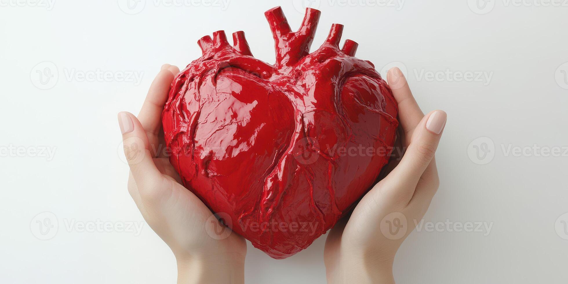 Hands hold a large red heart sculpture symbolizing love and compassion in a peaceful setting photo