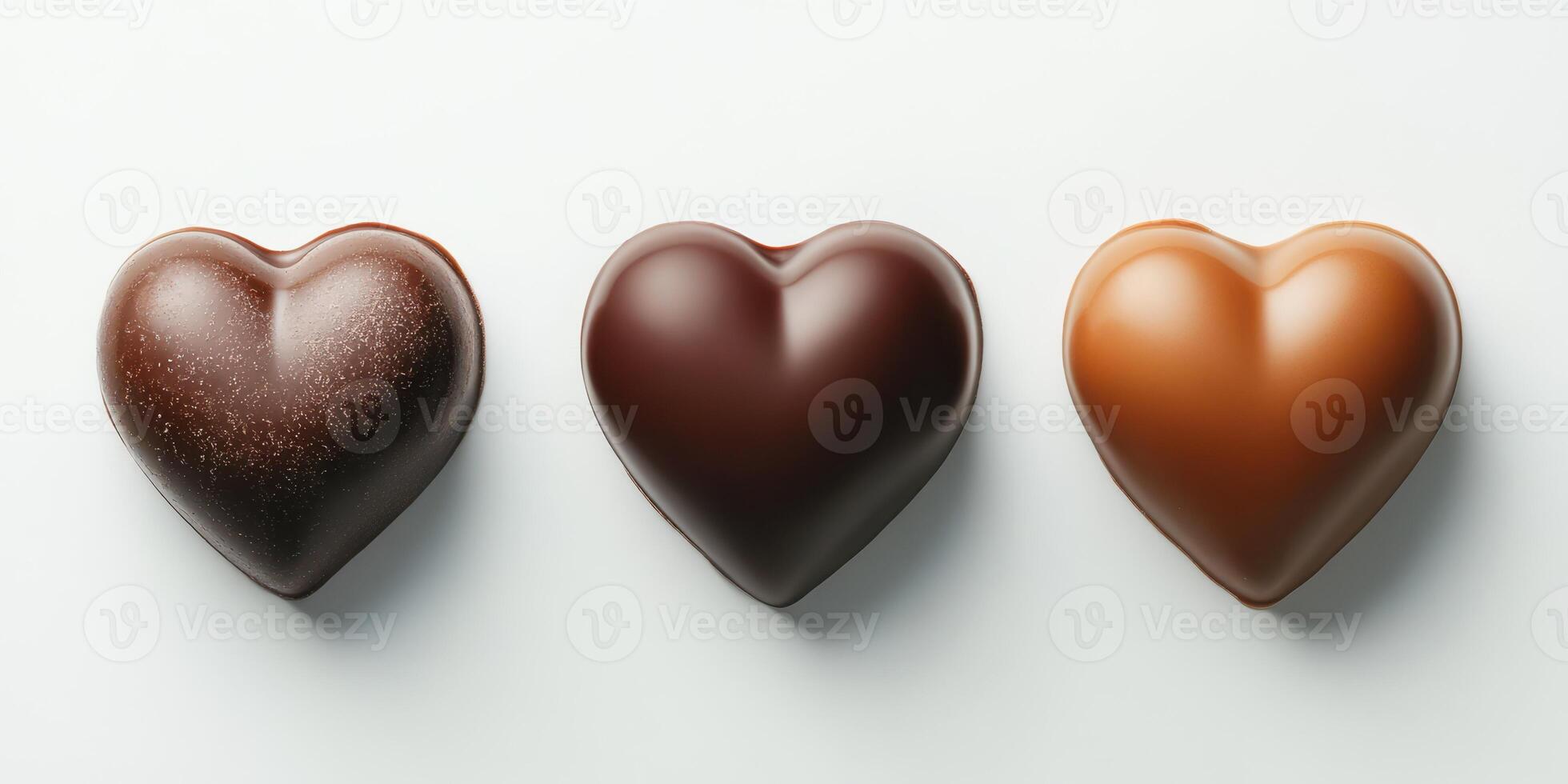 Gourmet heart-shaped chocolates in various cocoa styles arranged on a white background photo