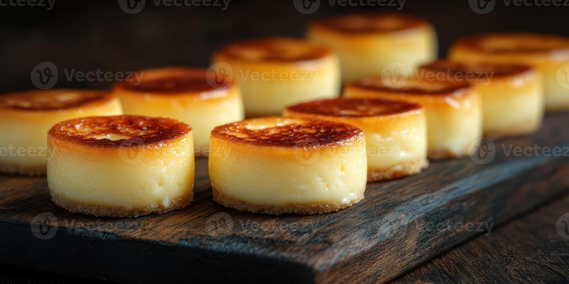 Delicious homemade flan arranged on a wooden board ready for dessert at a cozy dining setting photo
