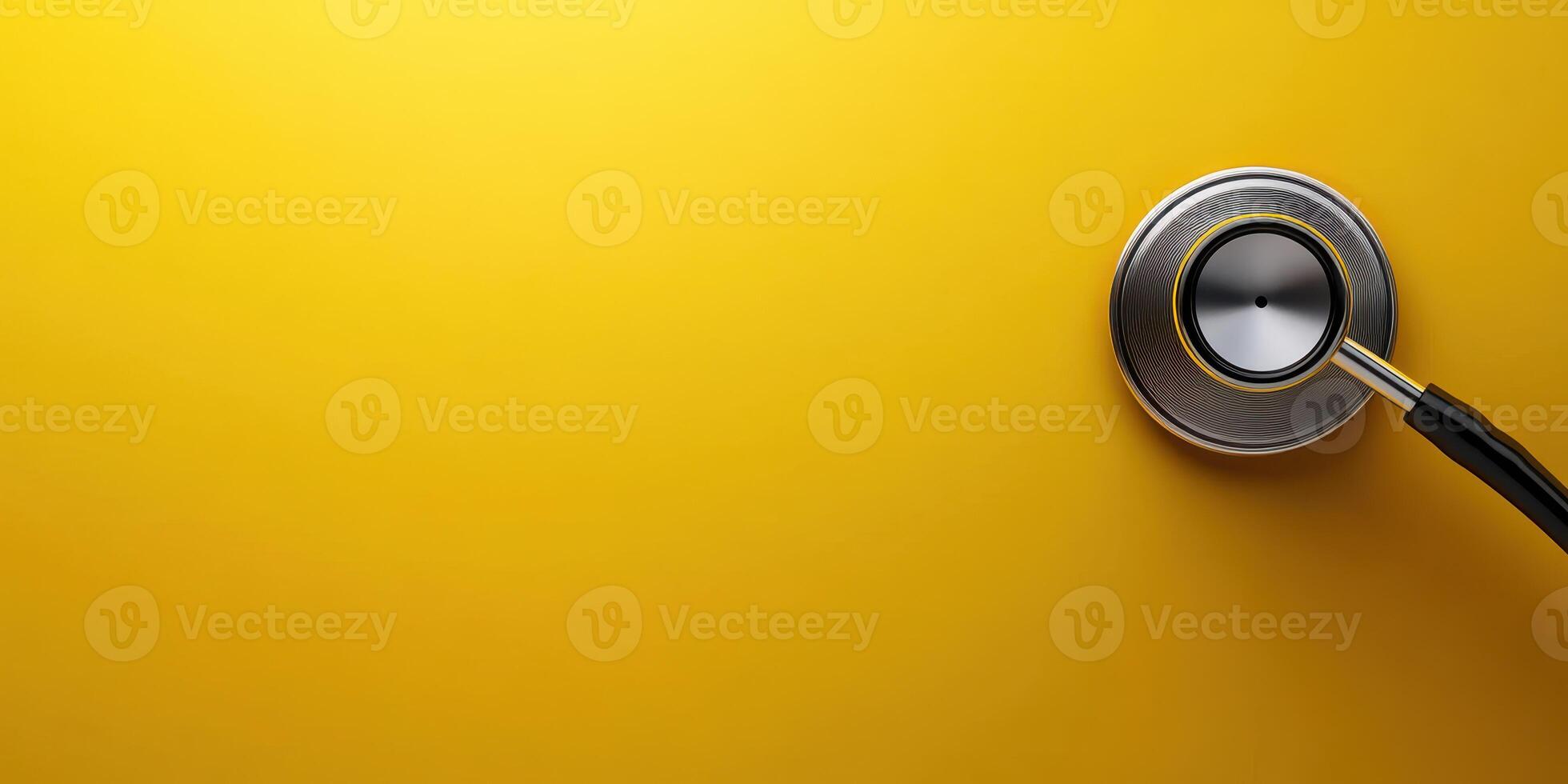 Stethoscope resting against a vibrant yellow background illustrating healthcare and medical themes photo