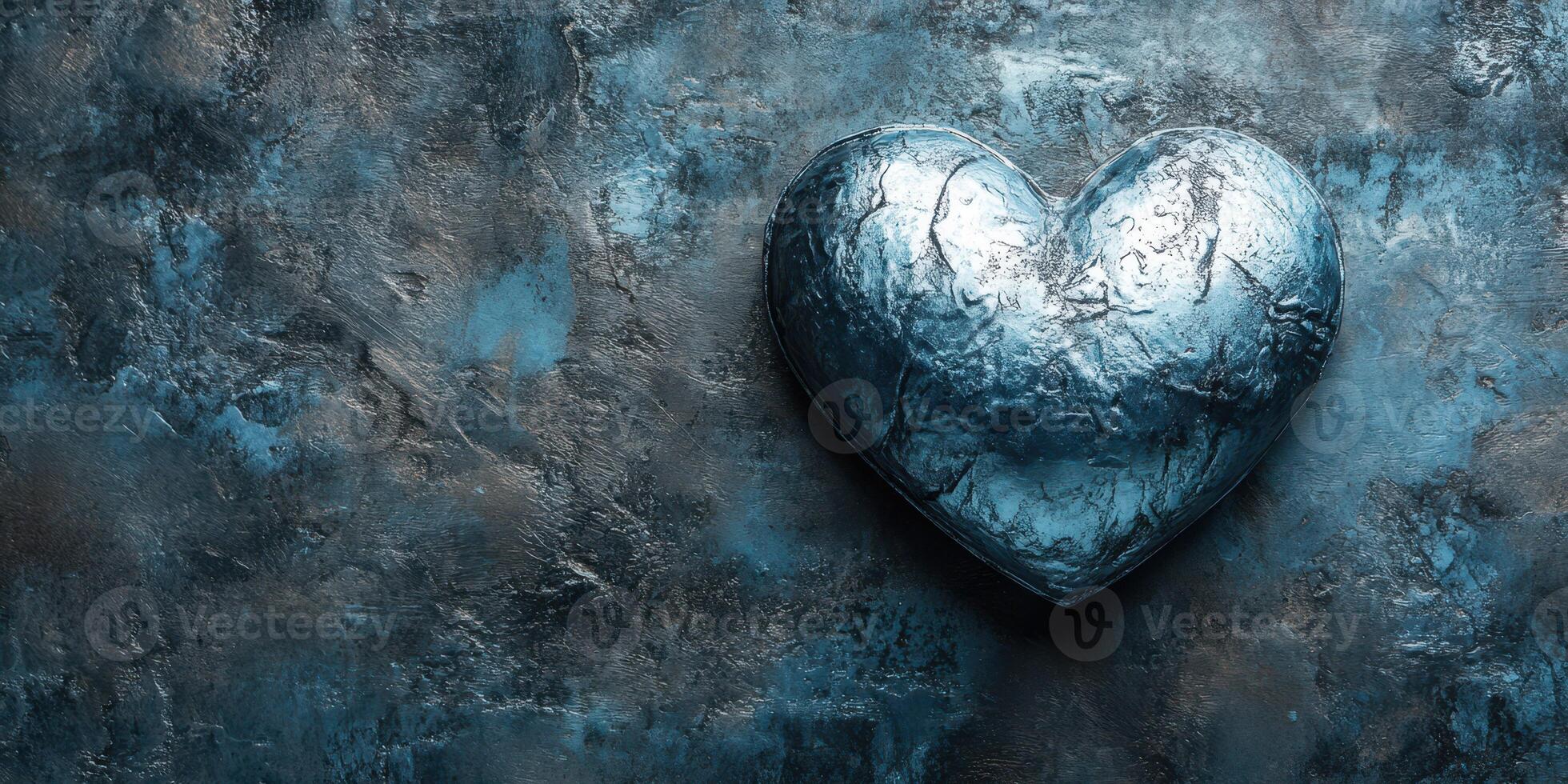 Metal heart sculpture on textured blue background showcasing artistic design and modern creativity photo