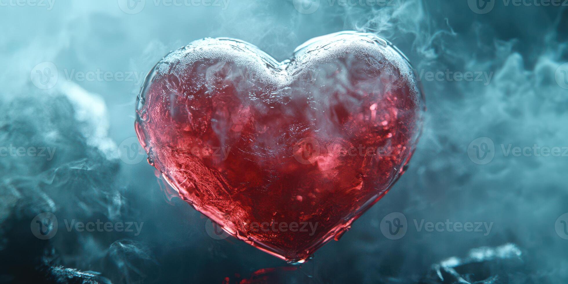 Heart shaped ice sculpture illuminated in red light surrounded by mist on a dark background photo