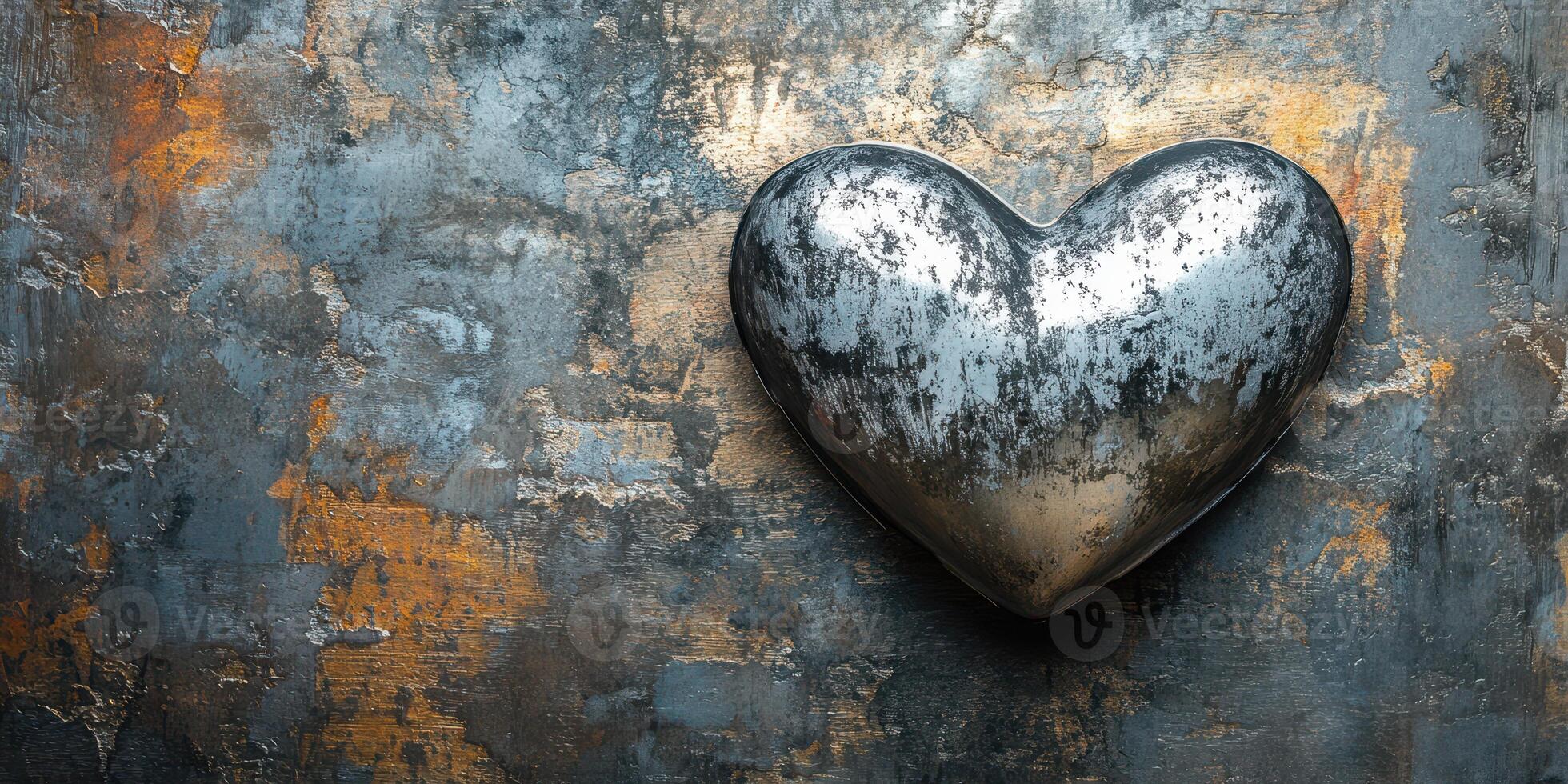 Heart-shaped metallic sculpture against textured backdrop with an artistic blend of silver and gold tones photo