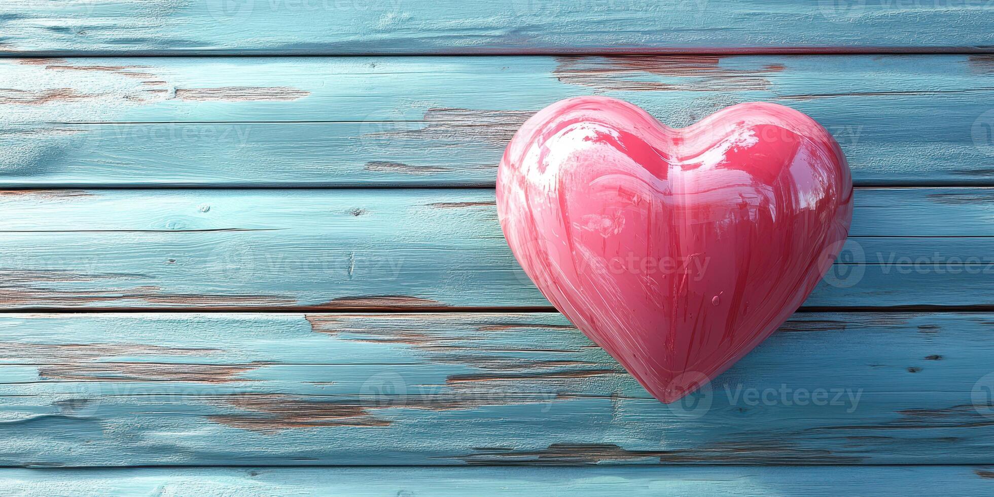 Bright pink heart on weathered blue wooden surface creates a vibrant and artistic expression of love and creativity photo