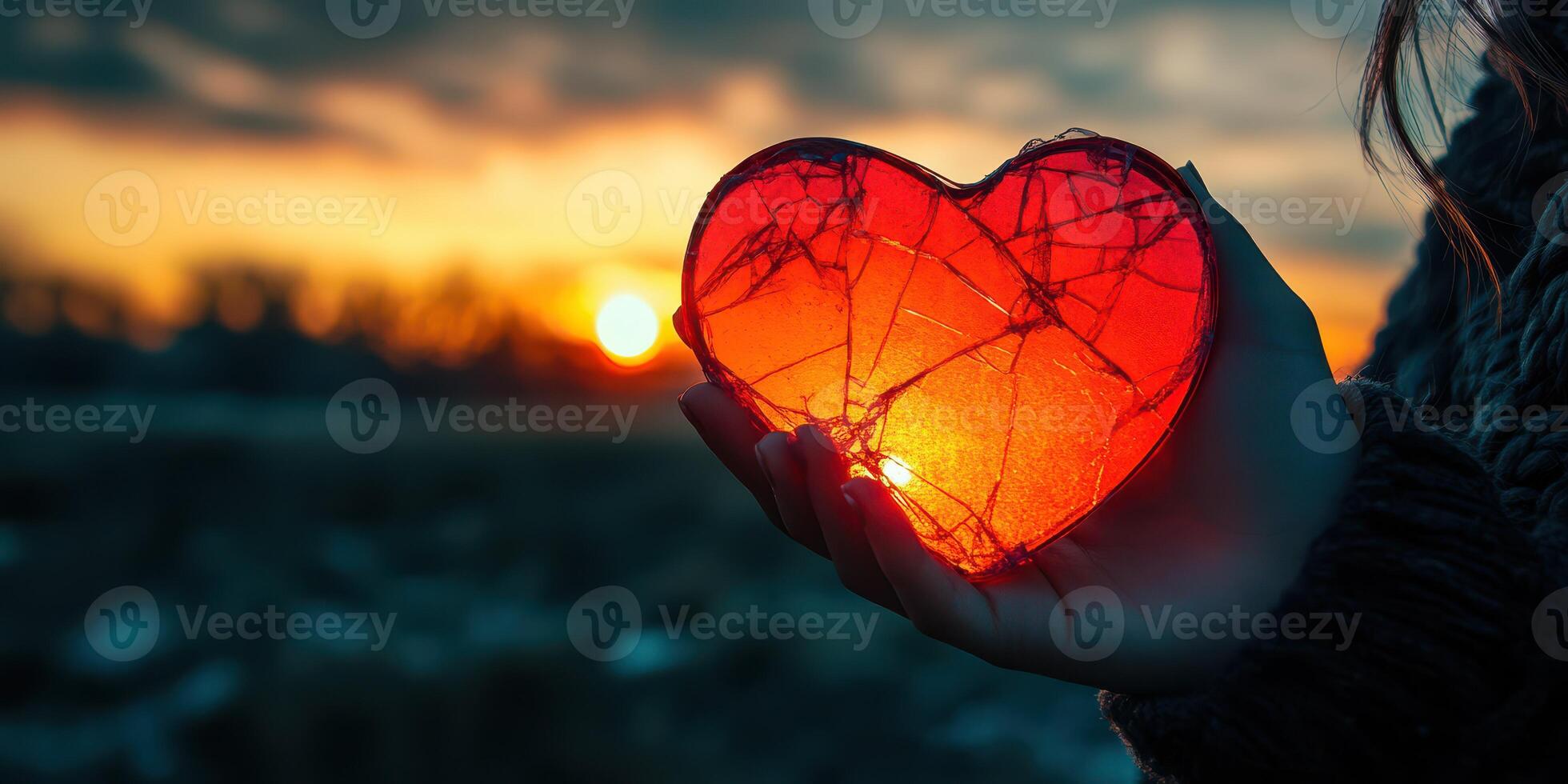 Holding a glowing heart-shaped object against a stunning sunset backdrop in a serene location photo
