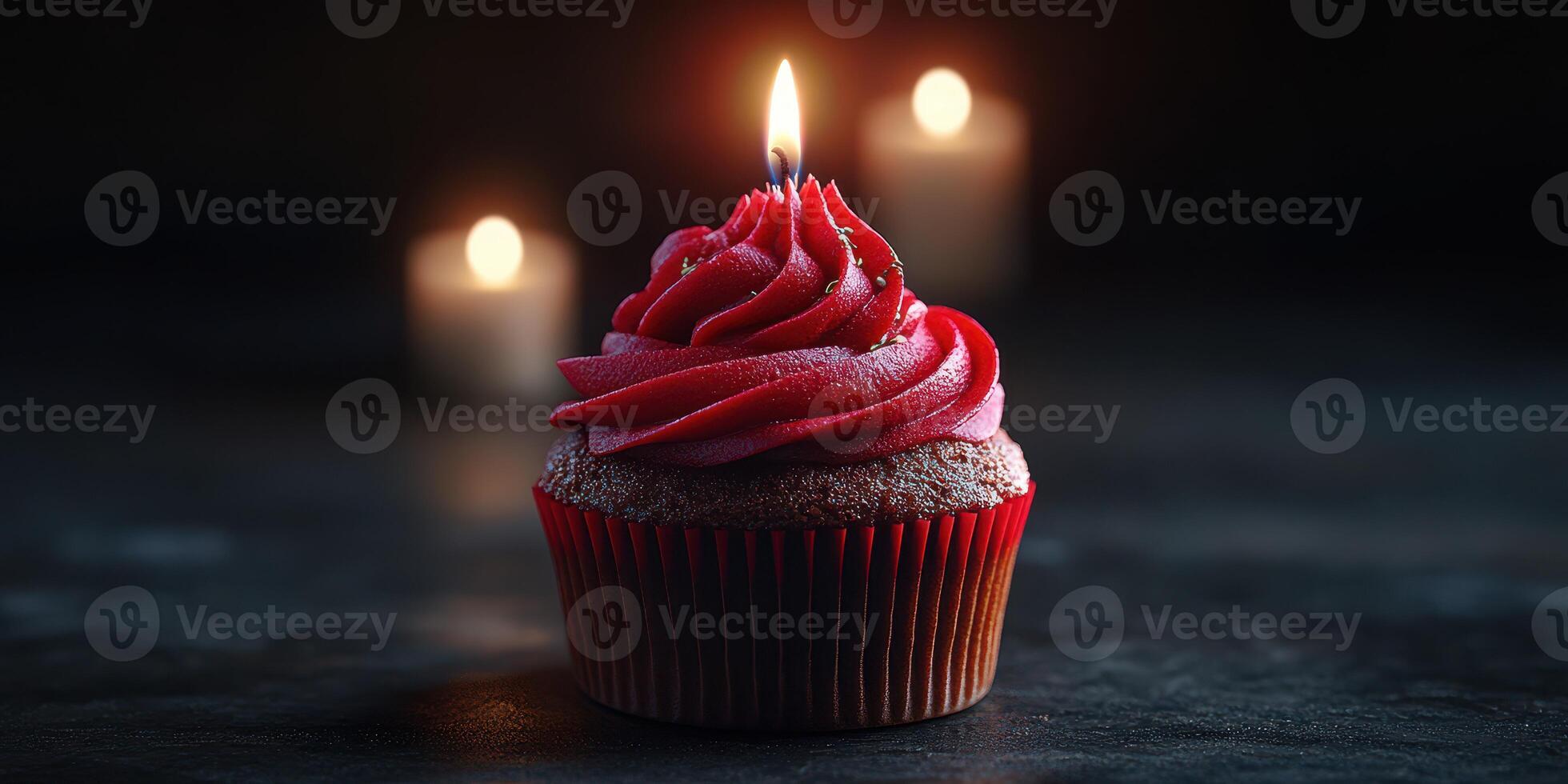 Delicious chocolate cupcake with bright red frosting and a lit candle, ideal for celebrating special occasions photo