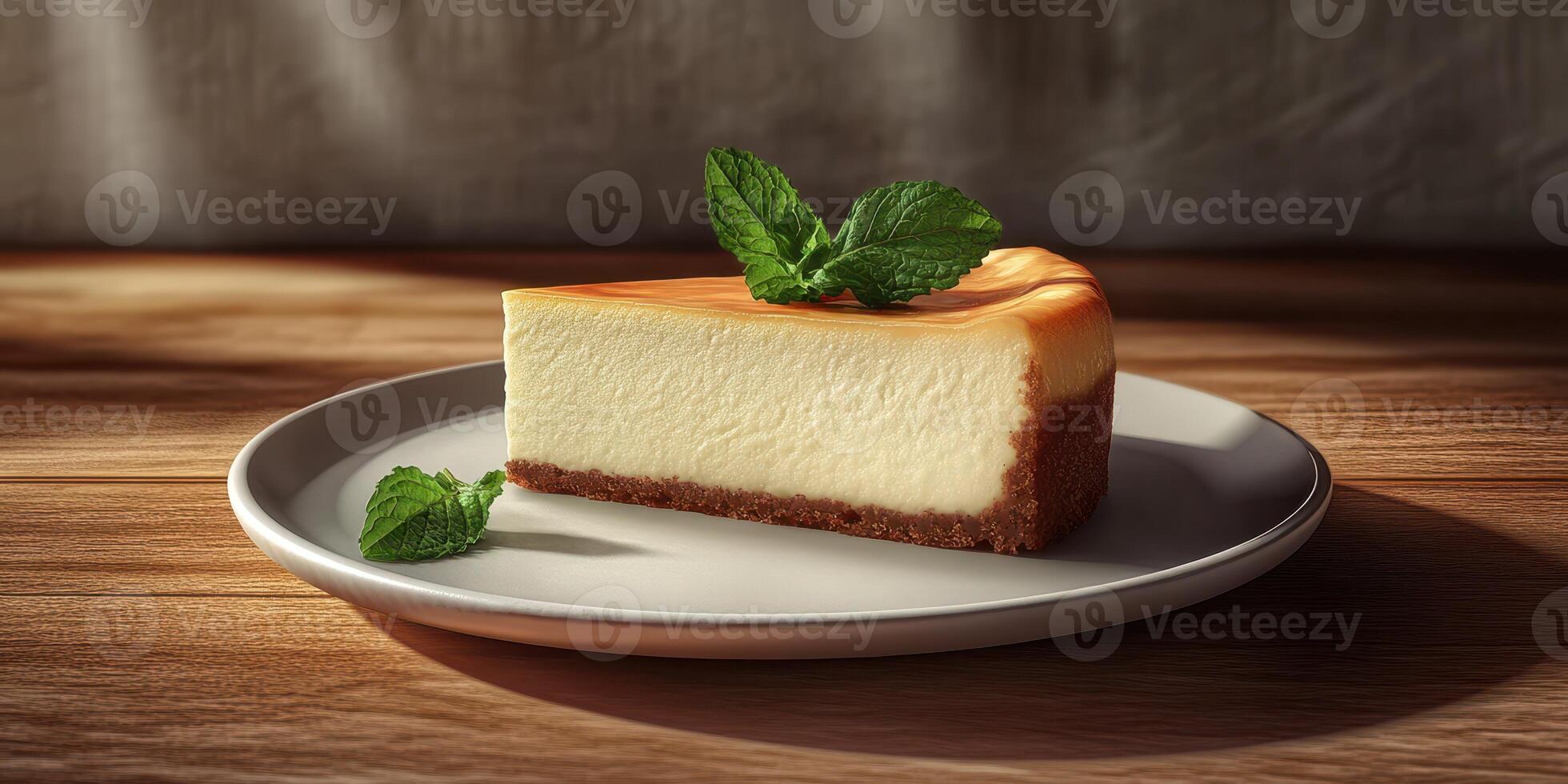 Creamy cheesecake slice on a plate with mint garnish and natural light enhancing its texture and color photo
