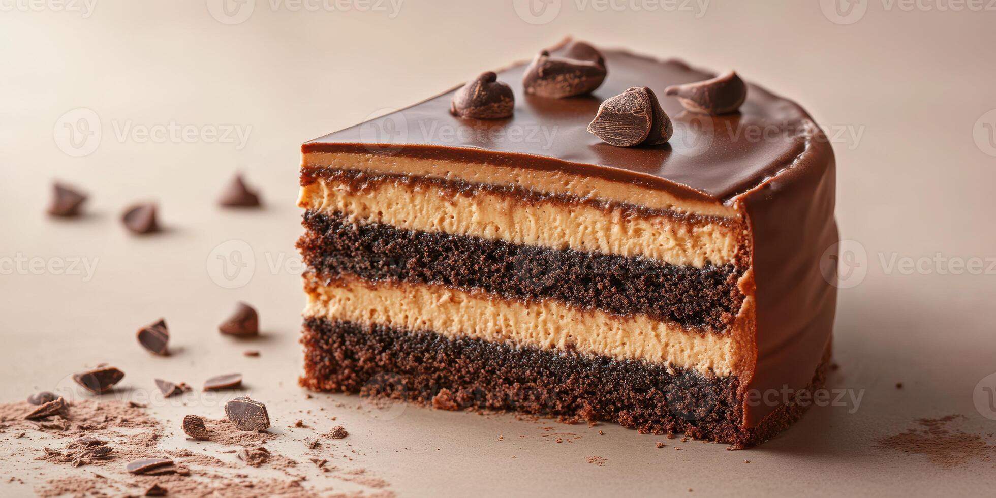 Indulgent chocolate cake with creamy filling and chocolate chips presented on a simple background photo