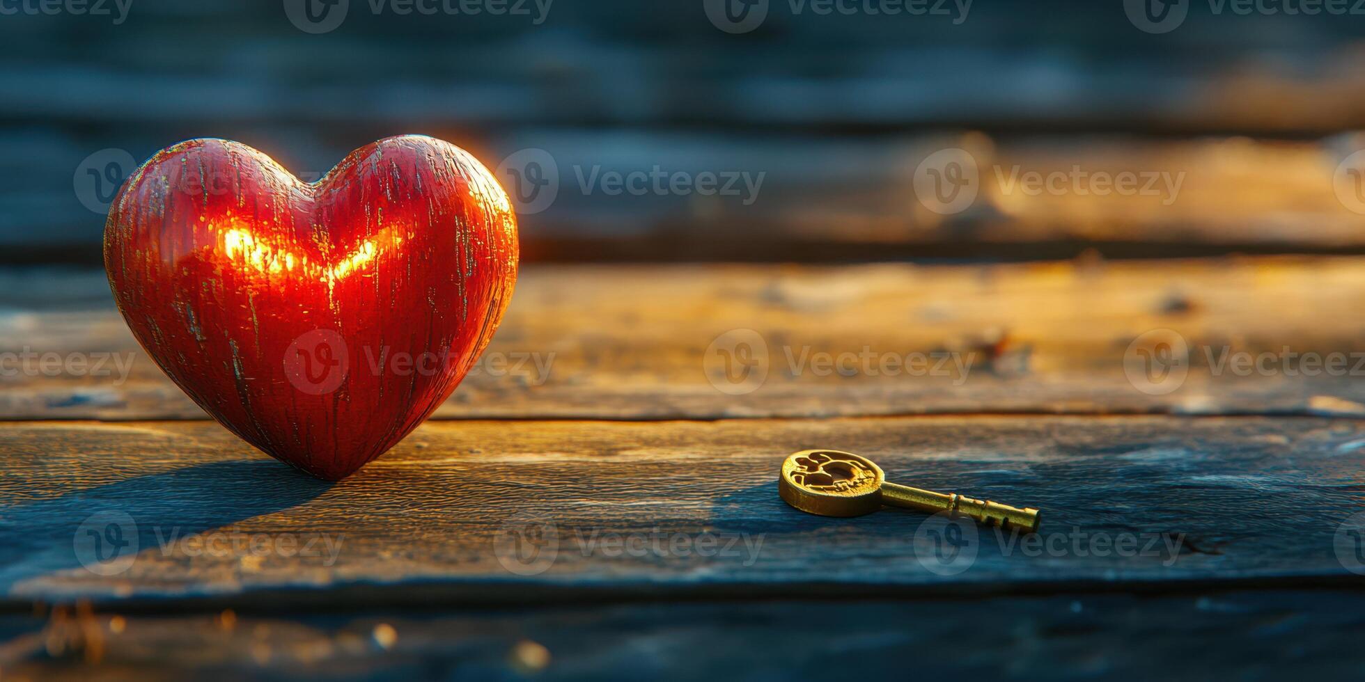 Heart and key placed on wooden surface symbolizing love and romance at sunset photo