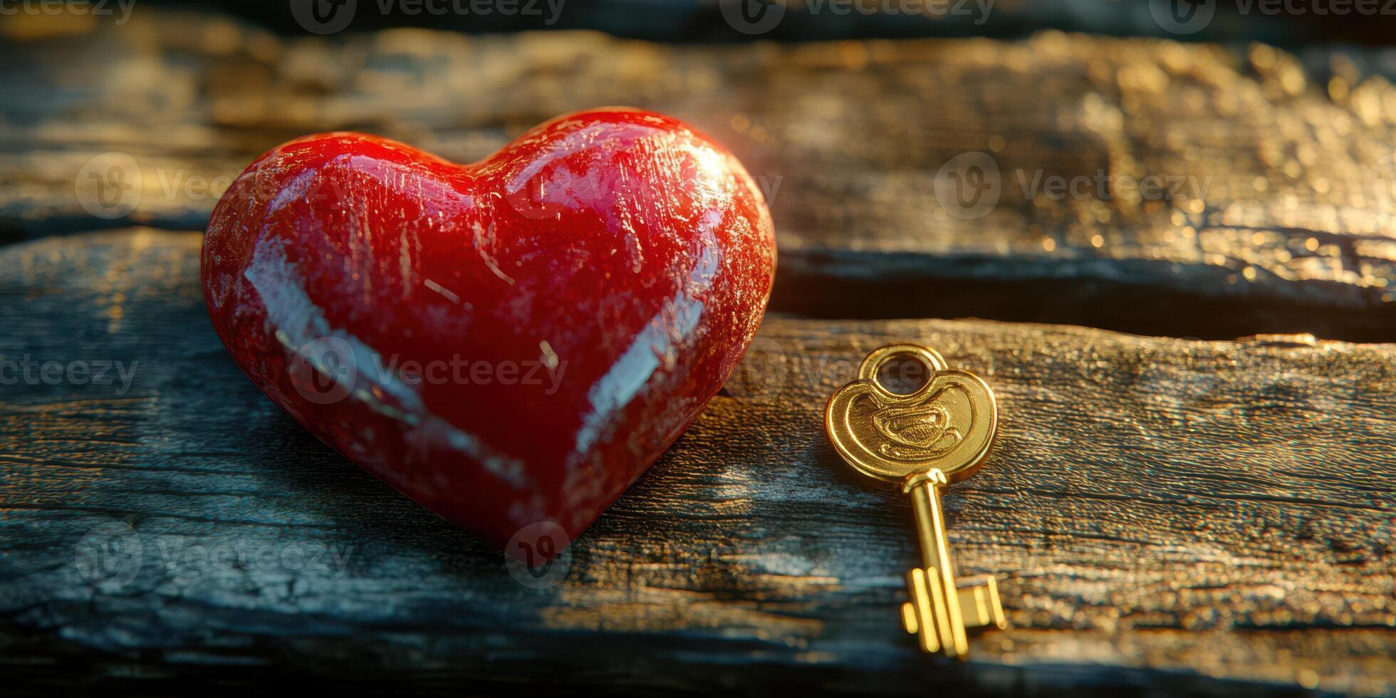 Heart-shaped decoration with a golden key on a rustic wooden surface during soft daylight photo