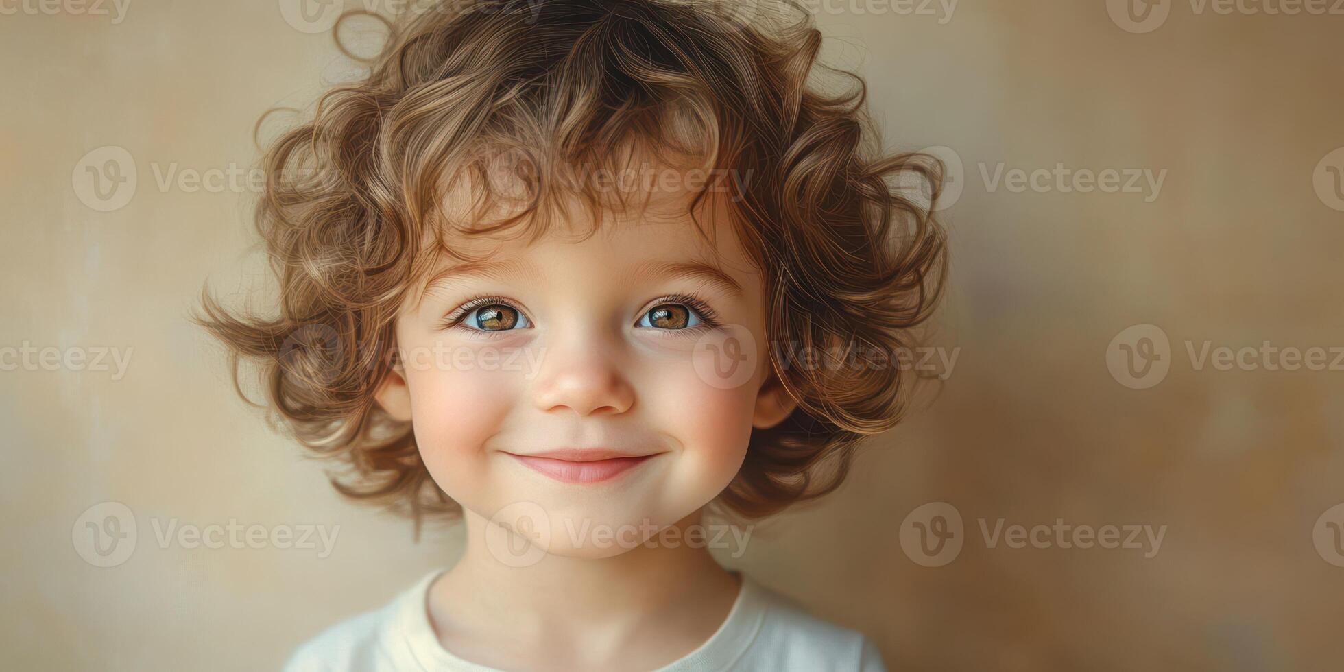 Young child with curly hair smiles warmly in soft natural light against a neutral background photo