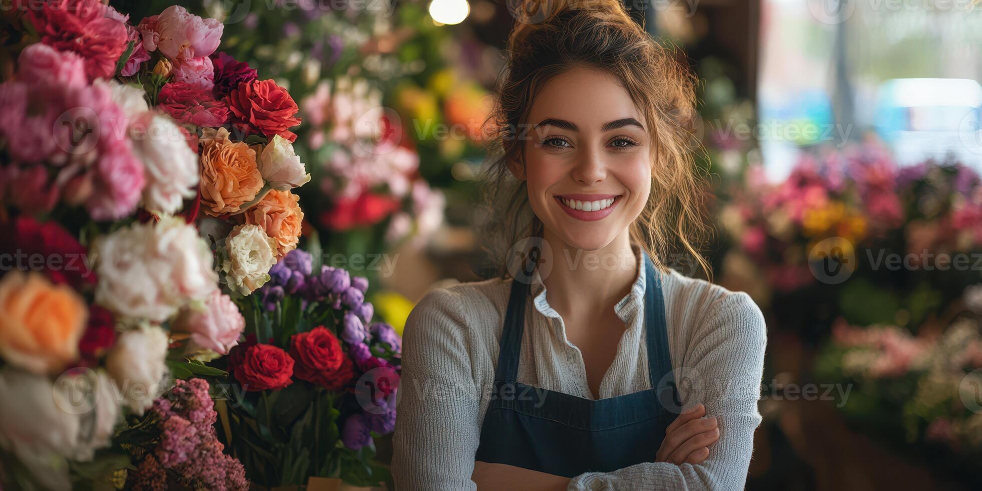 Flower shop employee smiles brightly amidst colorful floral arrangements in a vibrant local store photo