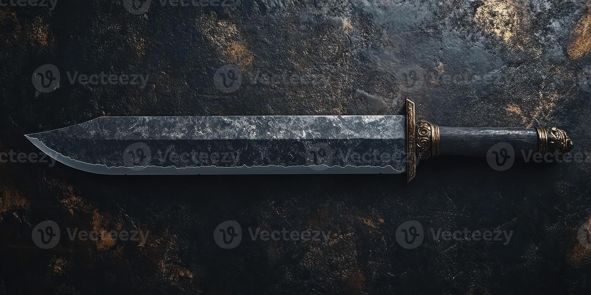 High-quality decorative knife rests on a dark metallic surface with intricate details and polishing photo