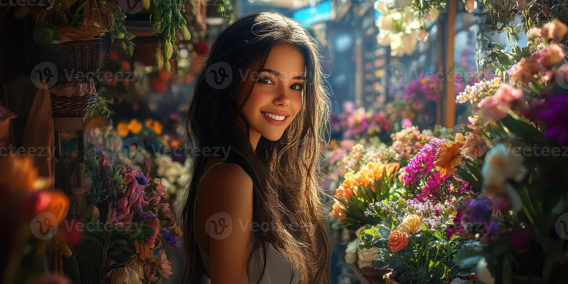 Young woman smiling in a flower market surrounded by vibrant blooms during the golden hour of sunset photo