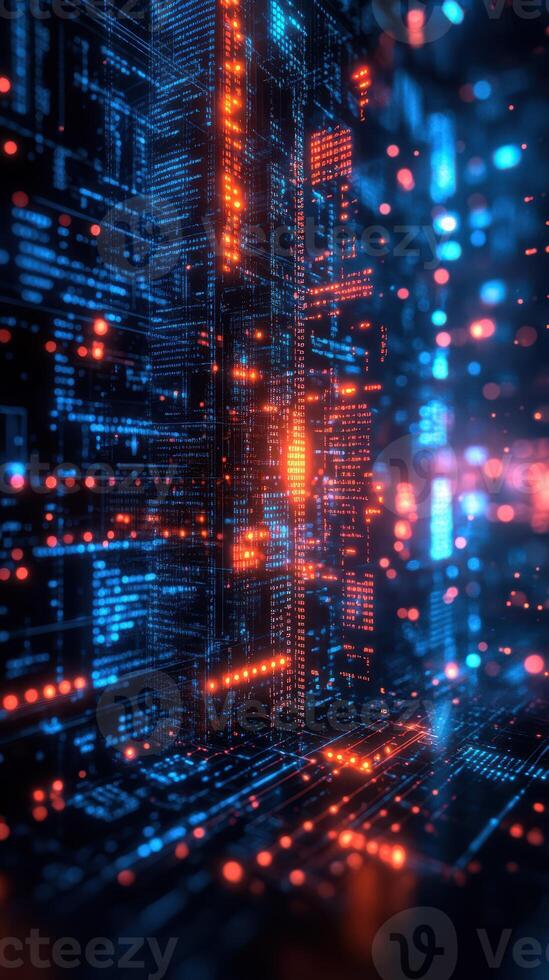 Visual representation of a futuristic data center with vibrant lights and digital textures photo
