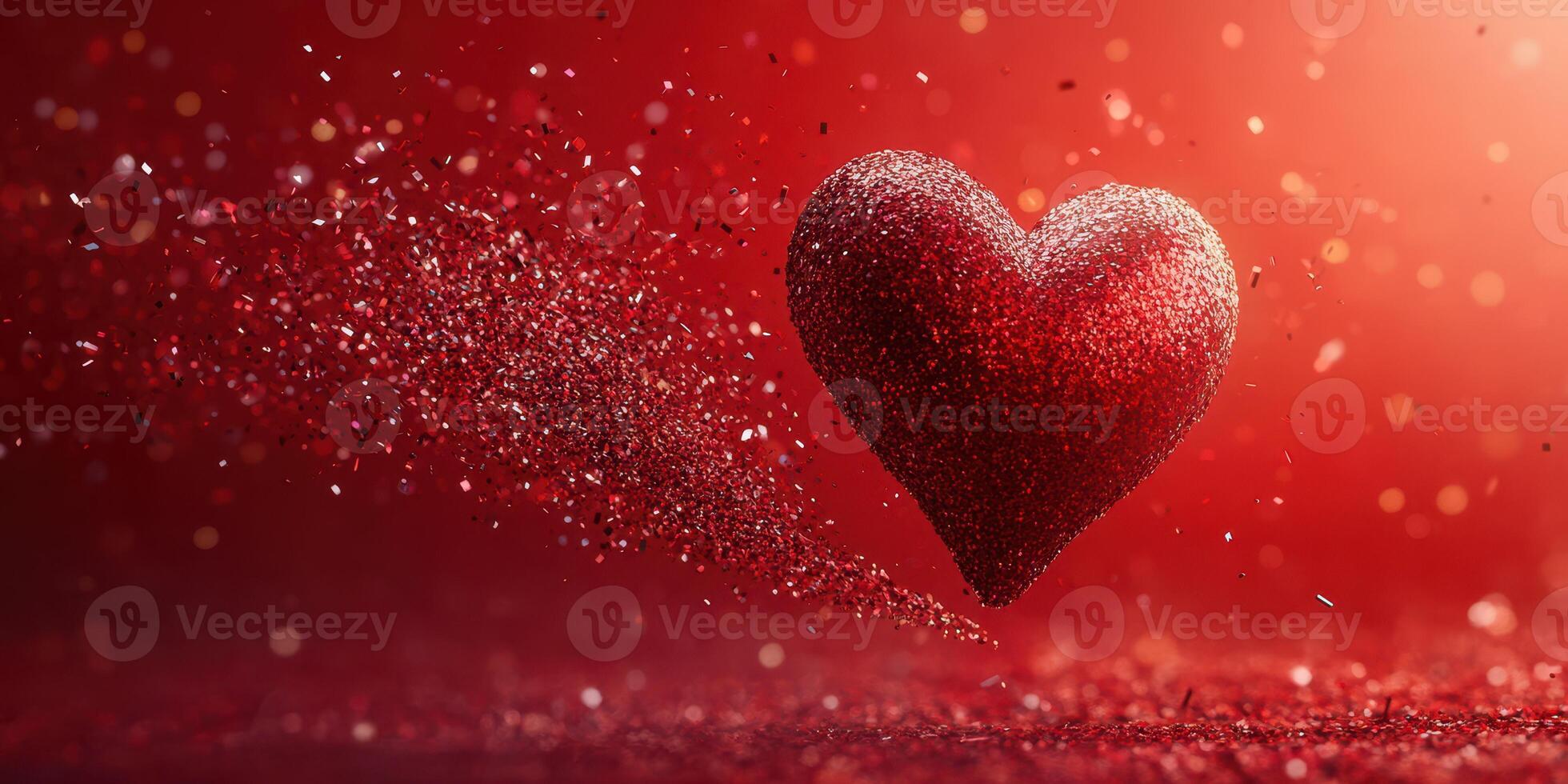 Vibrant red glitter heart floating in a dreamlike atmosphere creates a magical and romantic visual experience for celebrations photo
