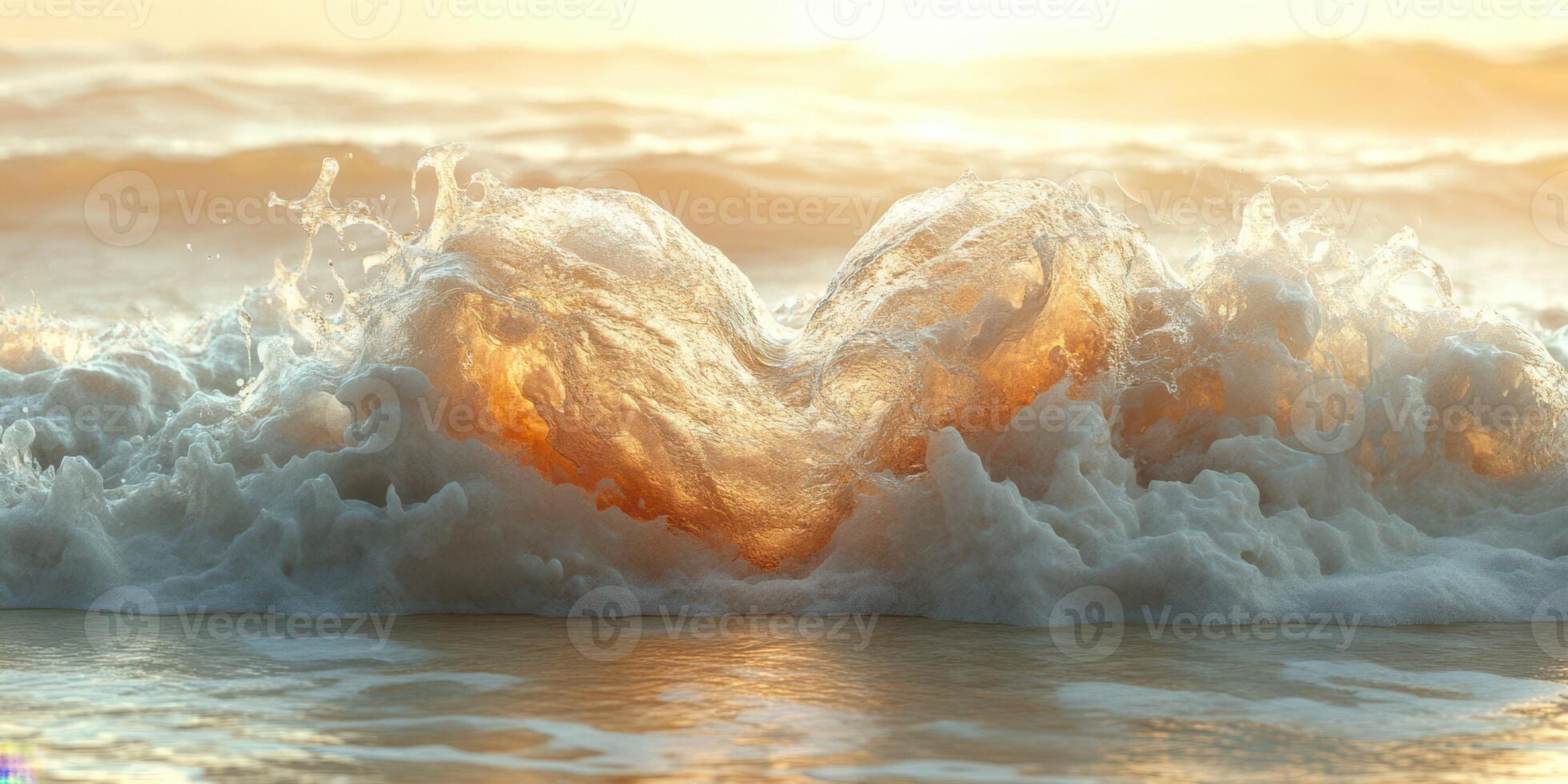 Waves create a heart shape at sunset, reflecting vibrant orange and golden hues over the shoreline photo