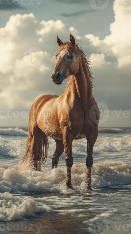 Majestic horse stands in shallow ocean waves under a dramatic sky during sunset photo