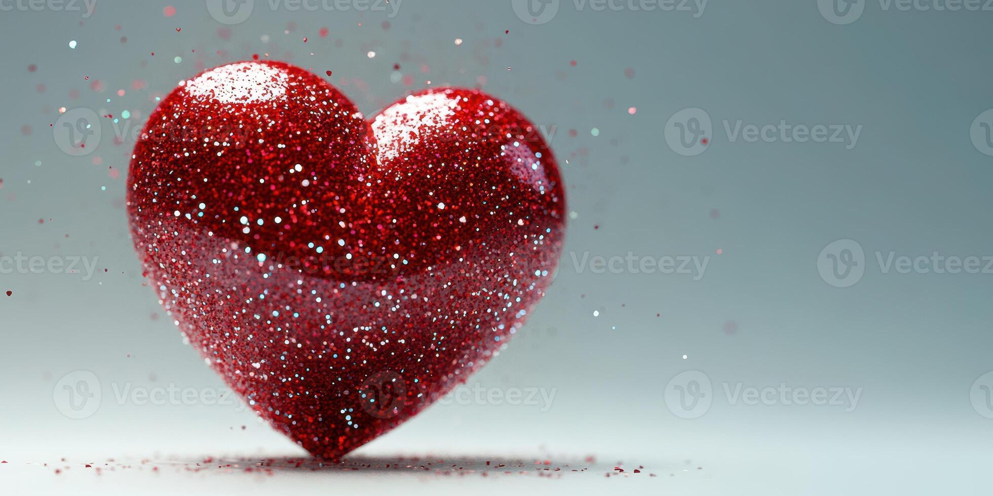 Vibrant red glitter heart sparkles against a soft gray background, capturing the essence of love and celebration photo