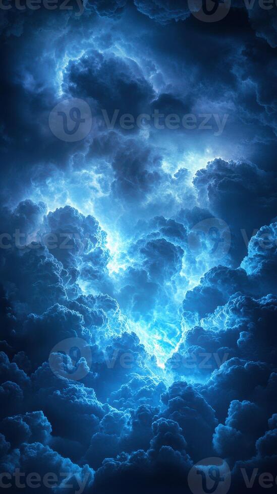 Dark storm clouds illuminated by bright lightning flashes in a night sky over a tranquil landscape photo