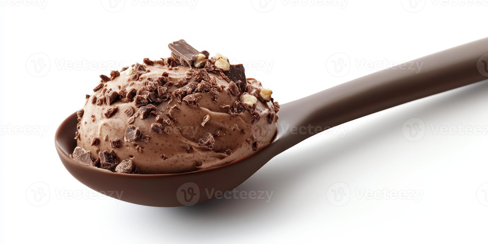 Delicious chocolate ice cream topped with chocolate shavings on a spoon photo