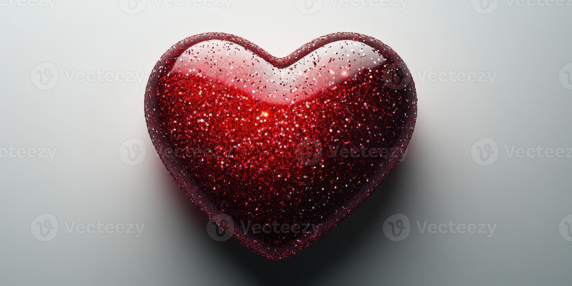 Bright red glittering heart sculpture resting on a smooth white surface in soft lighting photo