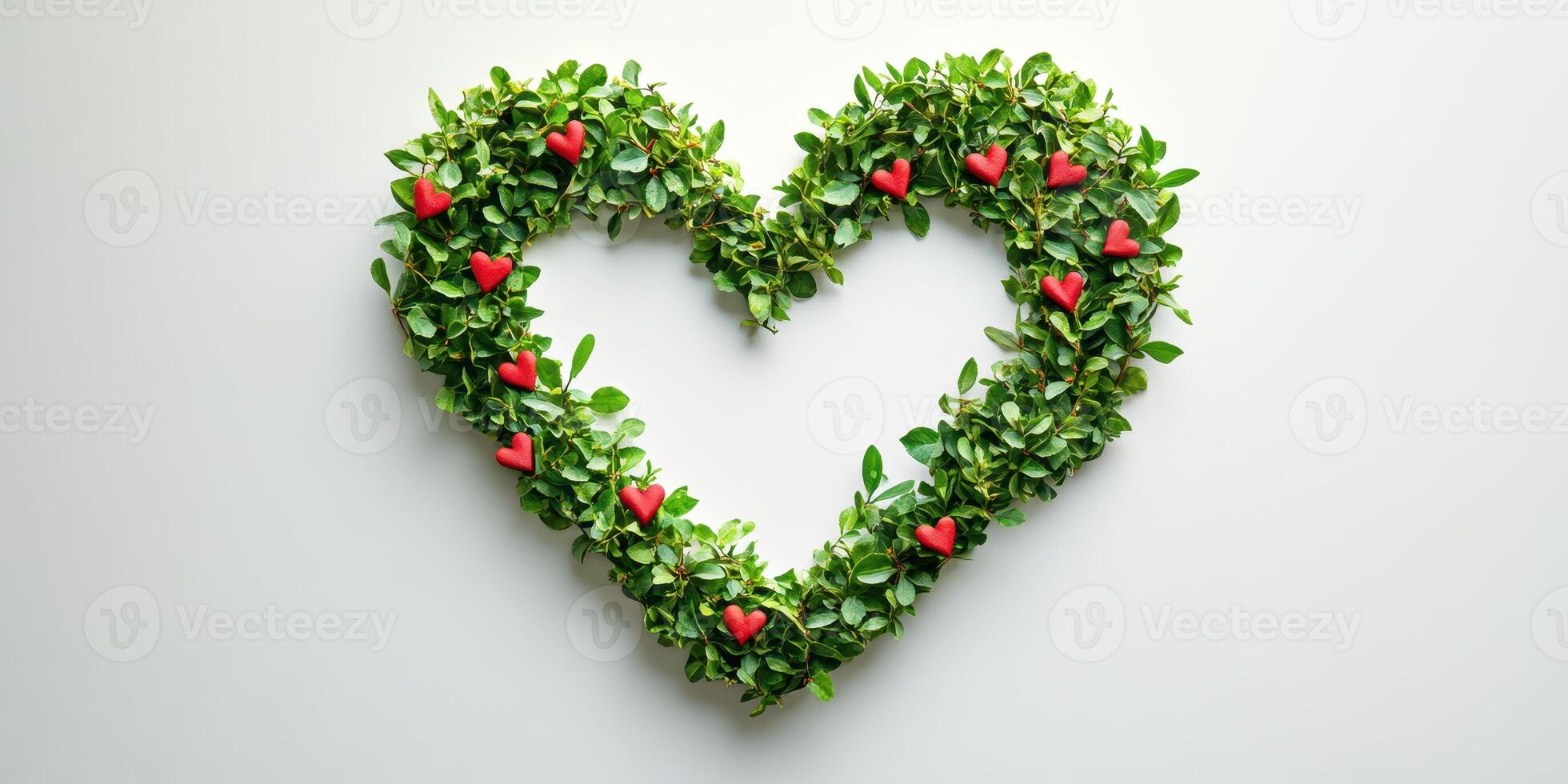 Heart-shaped arrangement made of green leaves and red decorations on a white background photo