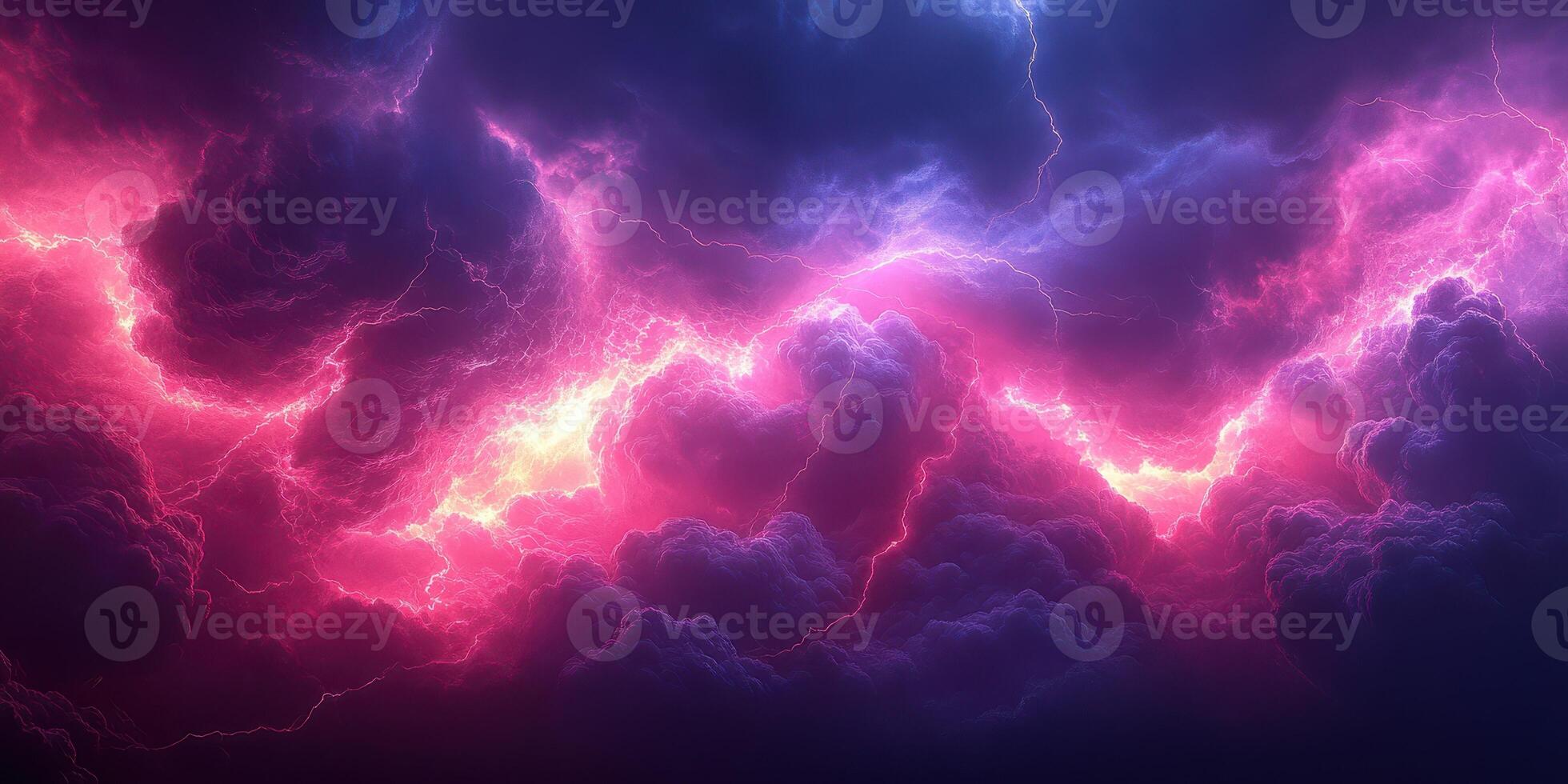 Vibrant lightning streaks illuminate dark storm clouds at dusk over a dramatic sky in a surreal display of nature's power photo