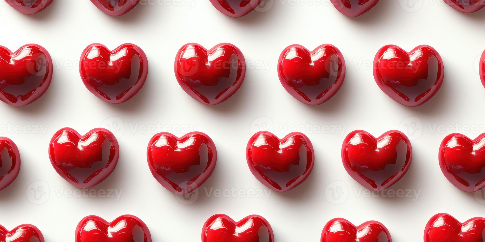 Red glossy hearts arranged in a neat pattern on a light surface for decoration and design purposes photo