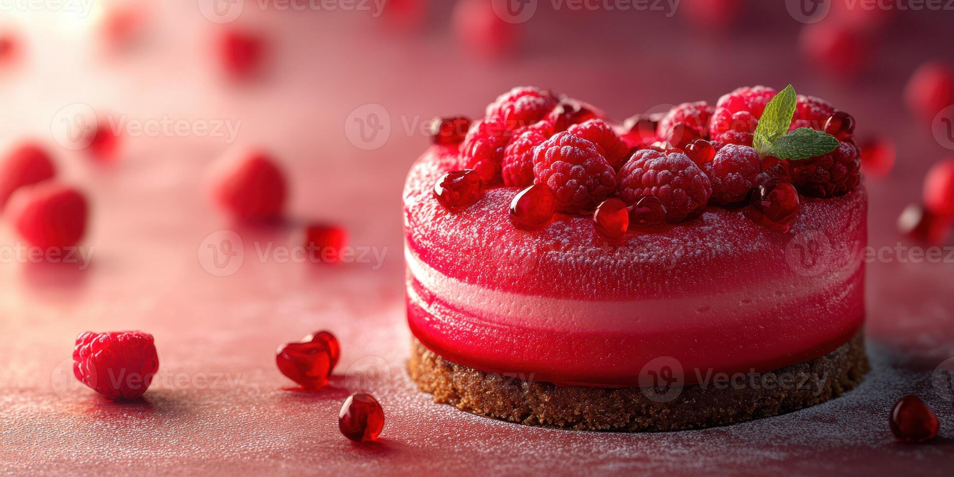 Raspberry mousse cake with garnished berries on a textured surface photo