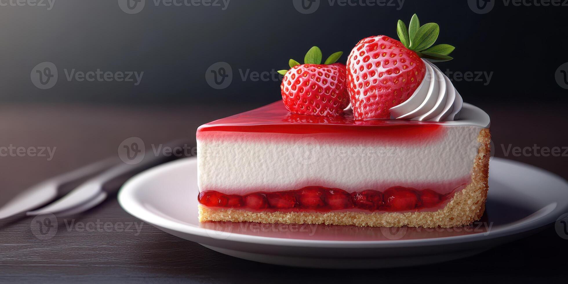 Delicious strawberry shortcake served on a white plate with a fork on a wooden table photo