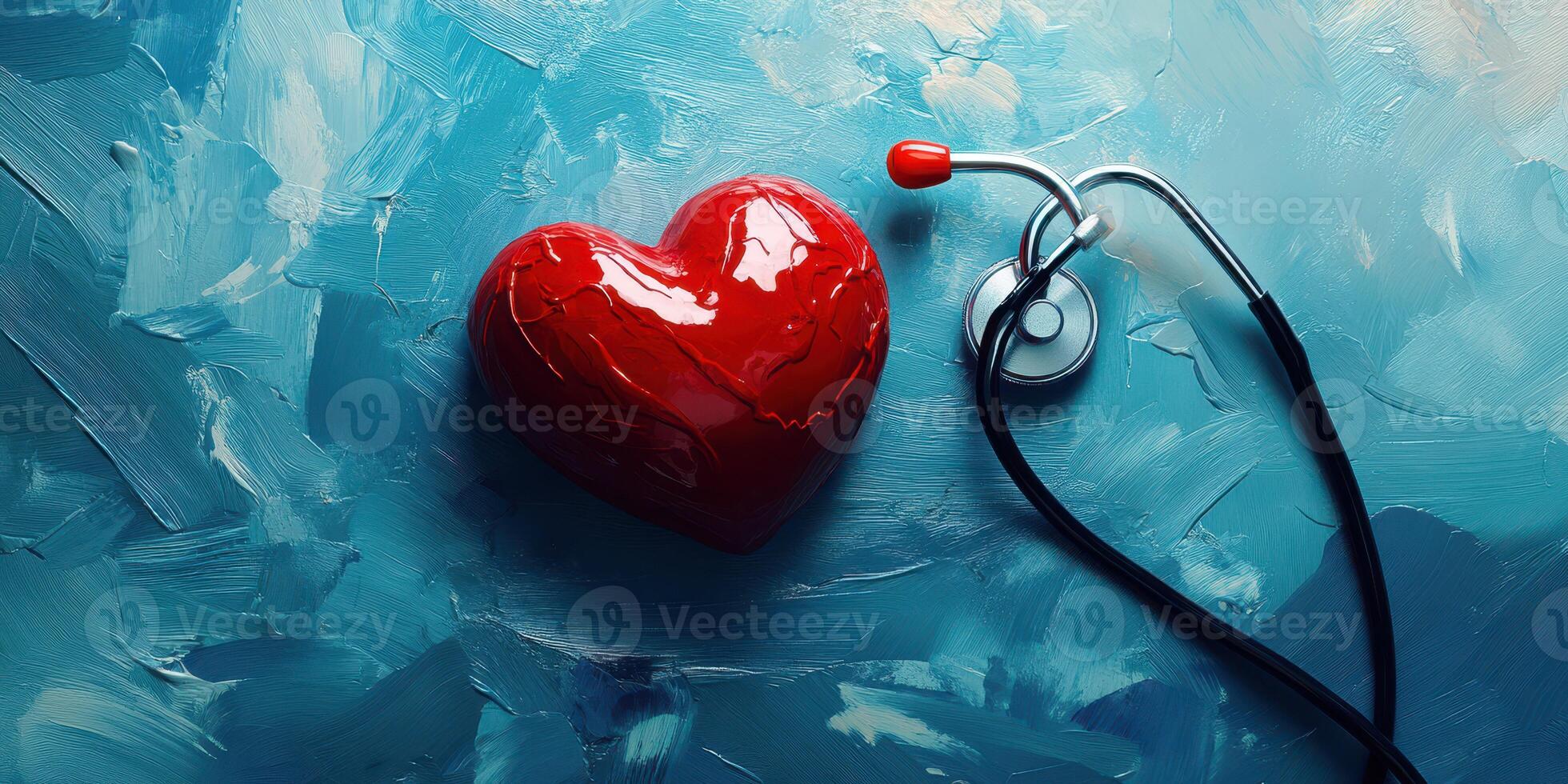 Heart symbol and stethoscope represent medical care and health awareness during a wellness campaign photo