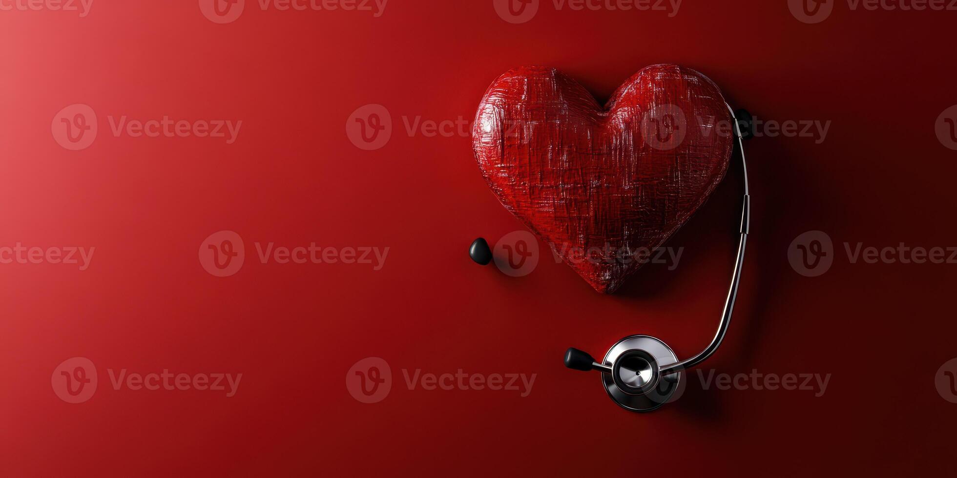 Heart and stethoscope represent the connection between health and care in a simple design on red background photo